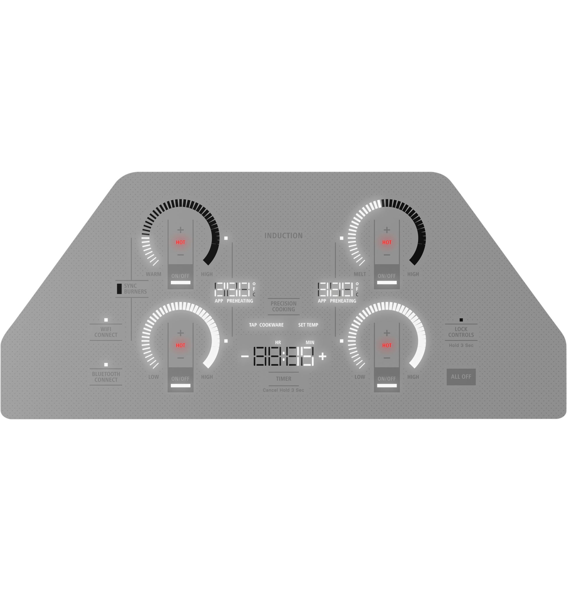 Control panel of a gray induction cooktop with four digital heating controls and displays in kitchen appliances collection