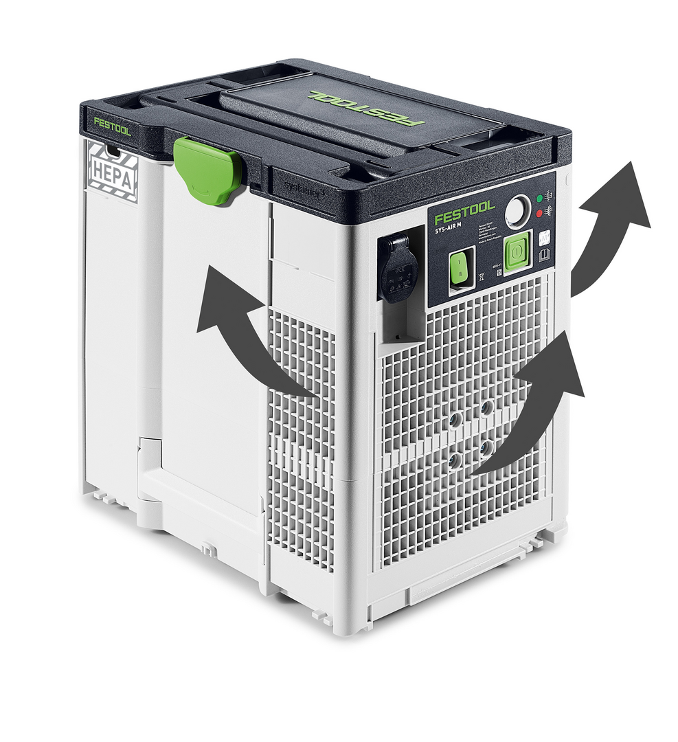 Compact HEPA air filtration unit with green latch and control panel for dust management in home improvement projects