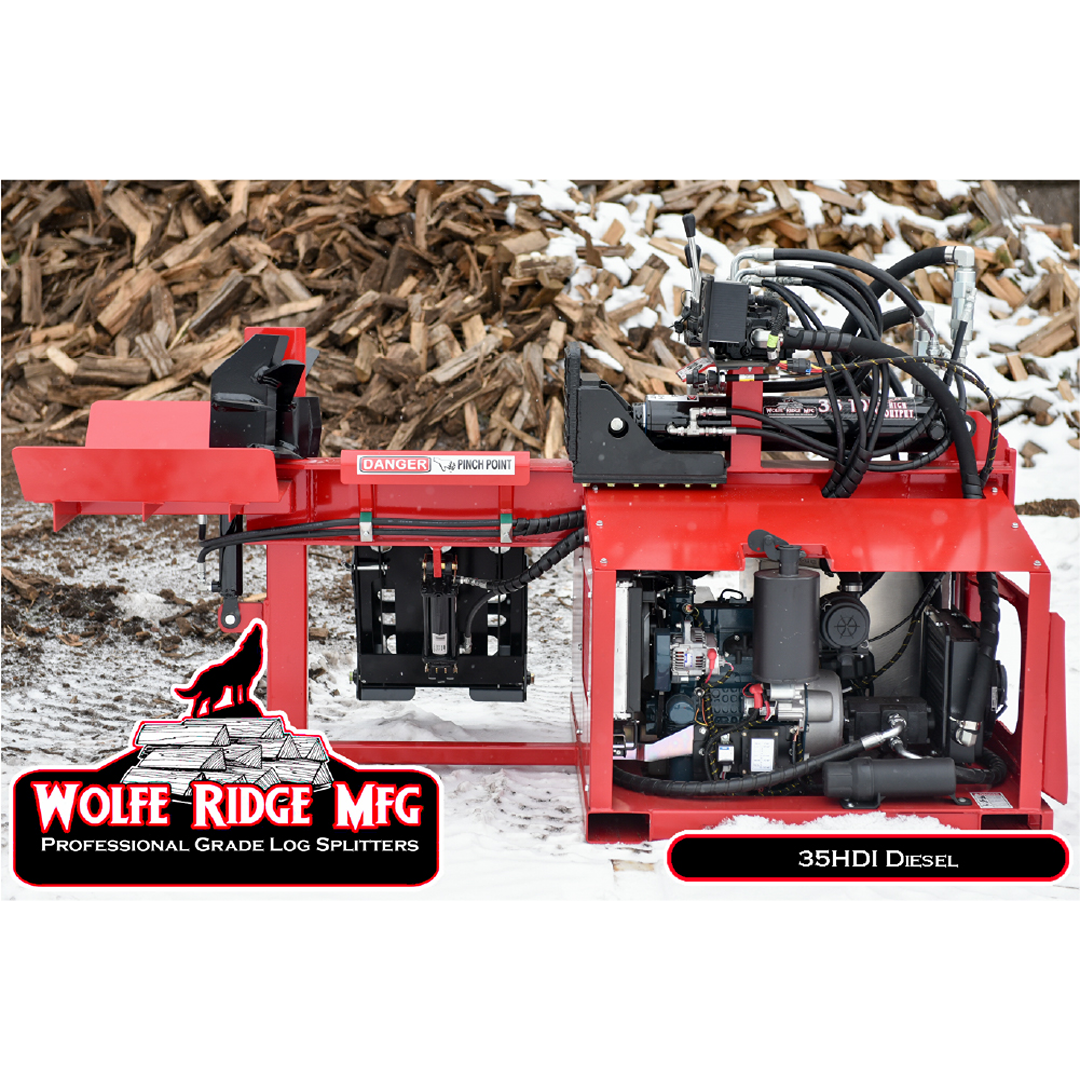 Red heavy-duty Wolfe Ridge industrial log splitter with diesel engine and hydraulic hoses outdoors by woodpile