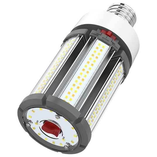 Commercial LED light bulb with selectable wattage and color temperature, designed for energy-efficient home lighting.