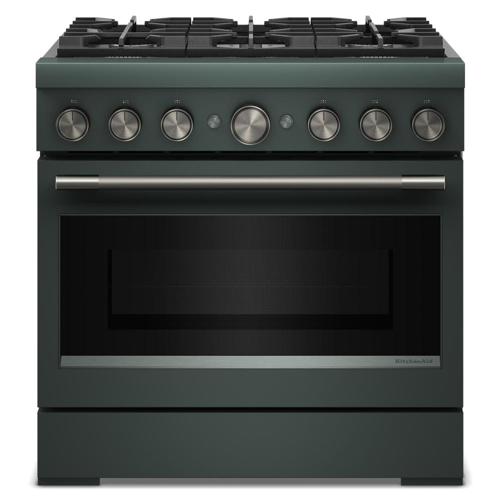 Front view of dark green 36-inch 6-burner commercial-style dual fuel range from KitchenAid ranges collection