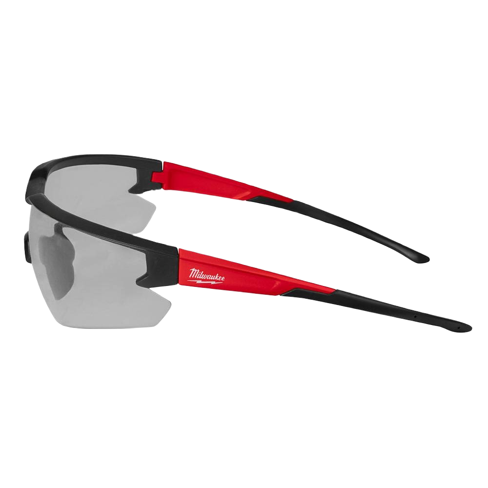 Gray-tinted safety glasses with red and black frame offering anti-scratch protection for tools and home improvement tasks