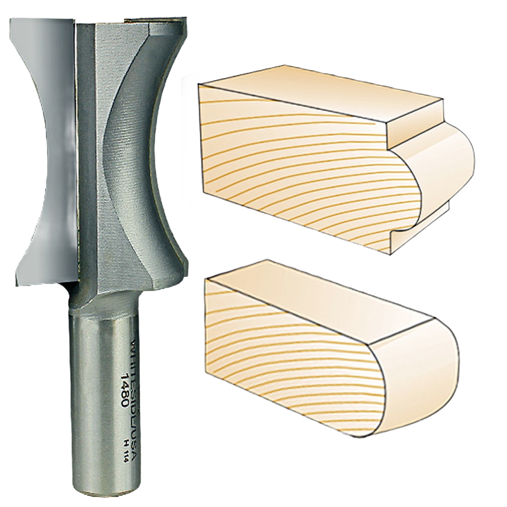 Whiteside Oval Edge router bit shown with sample wood edges featuring smooth rounded and stepped profiles for woodworking tools.
