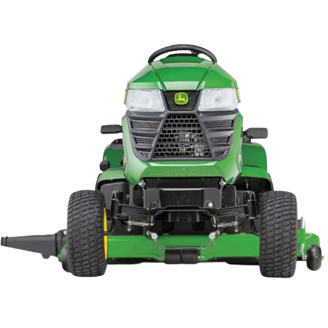 Green riding tractor with yellow wheels and front grille, designed for efficient lawn care and home improvement tasks