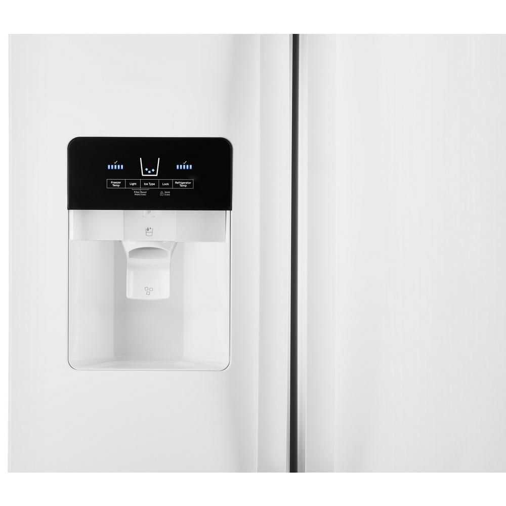 White side-by-side refrigerator with sleek digital water and ice dispenser in kitchen appliances collection