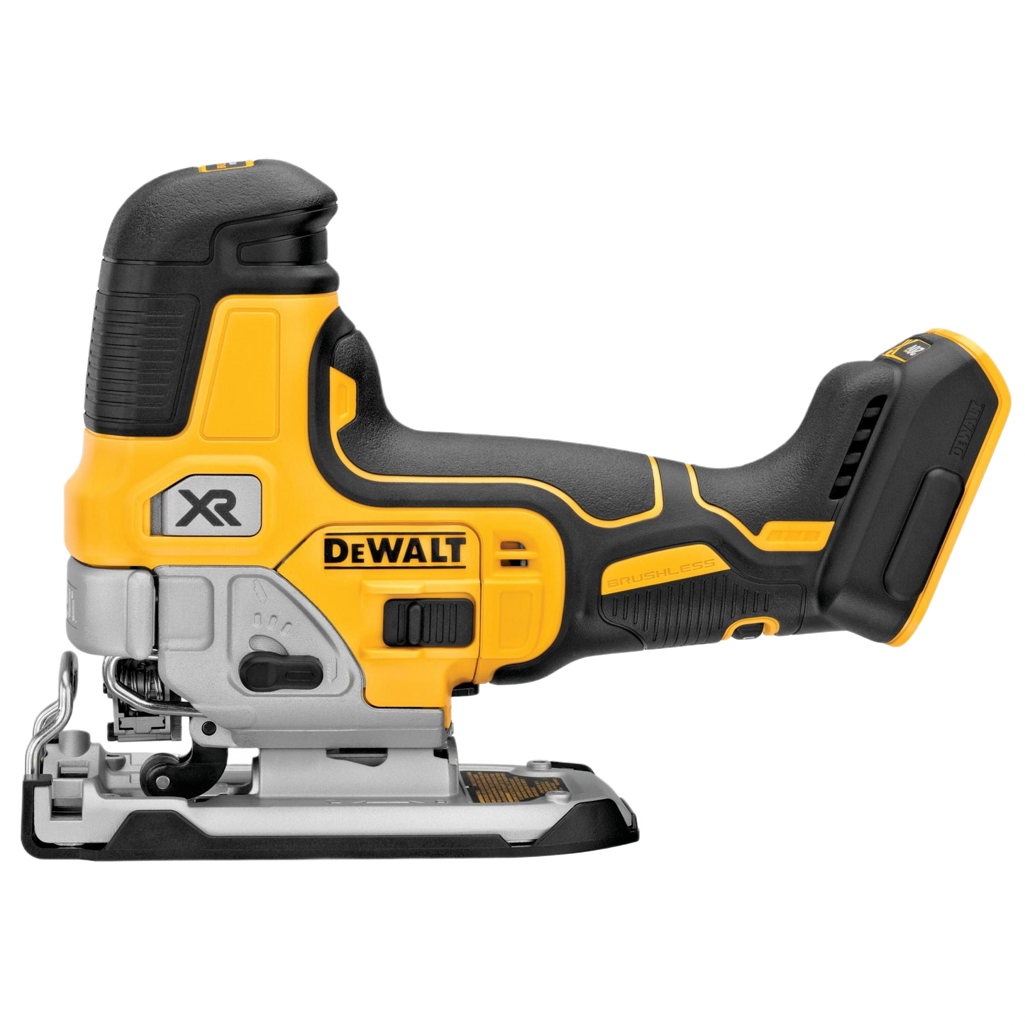 Cordless barrel grip jigsaw with brushless motor in black and yellow for home improvement and woodworking tasks