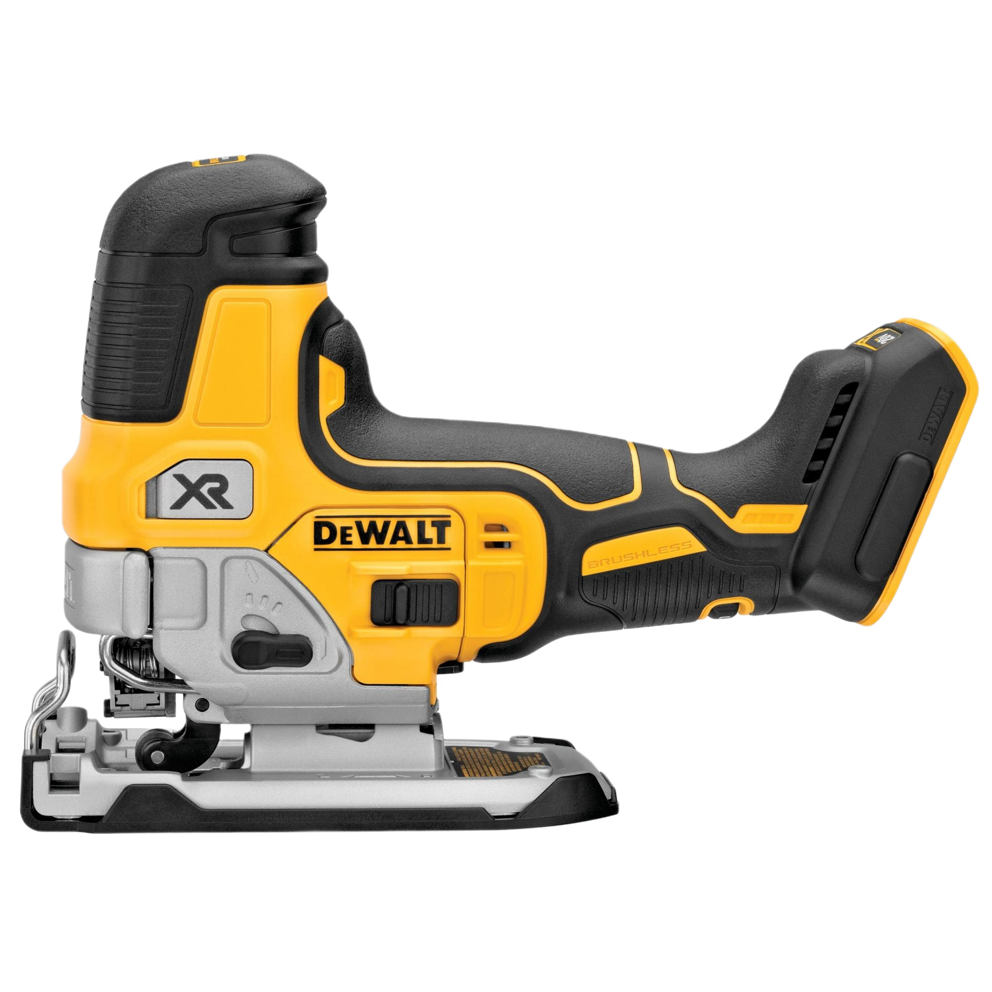 Cordless barrel grip jigsaw with brushless motor in black and yellow for home improvement and woodworking tasks