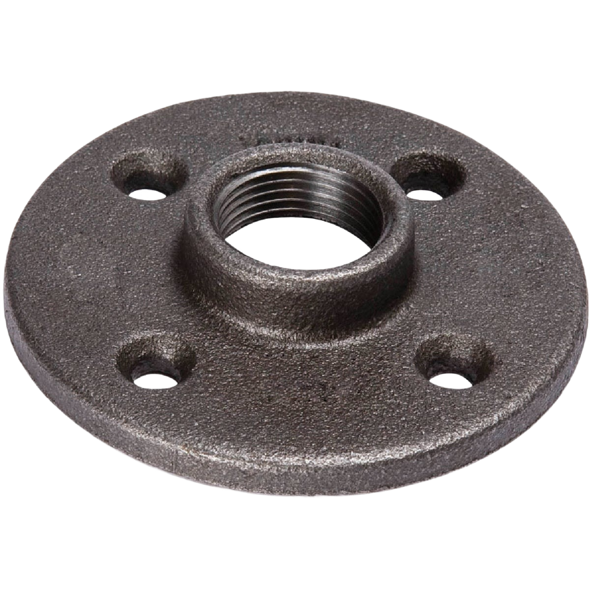 Black iron floor flange with threaded center and four mounting holes for pipes and plumbing under $50 collection