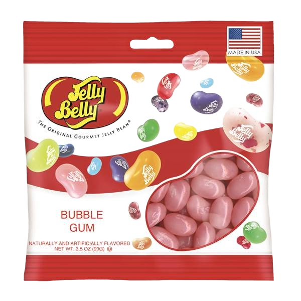 Package of pink bubble gum flavored jelly beans in a colorful bag from the Chocolates & Candies collection