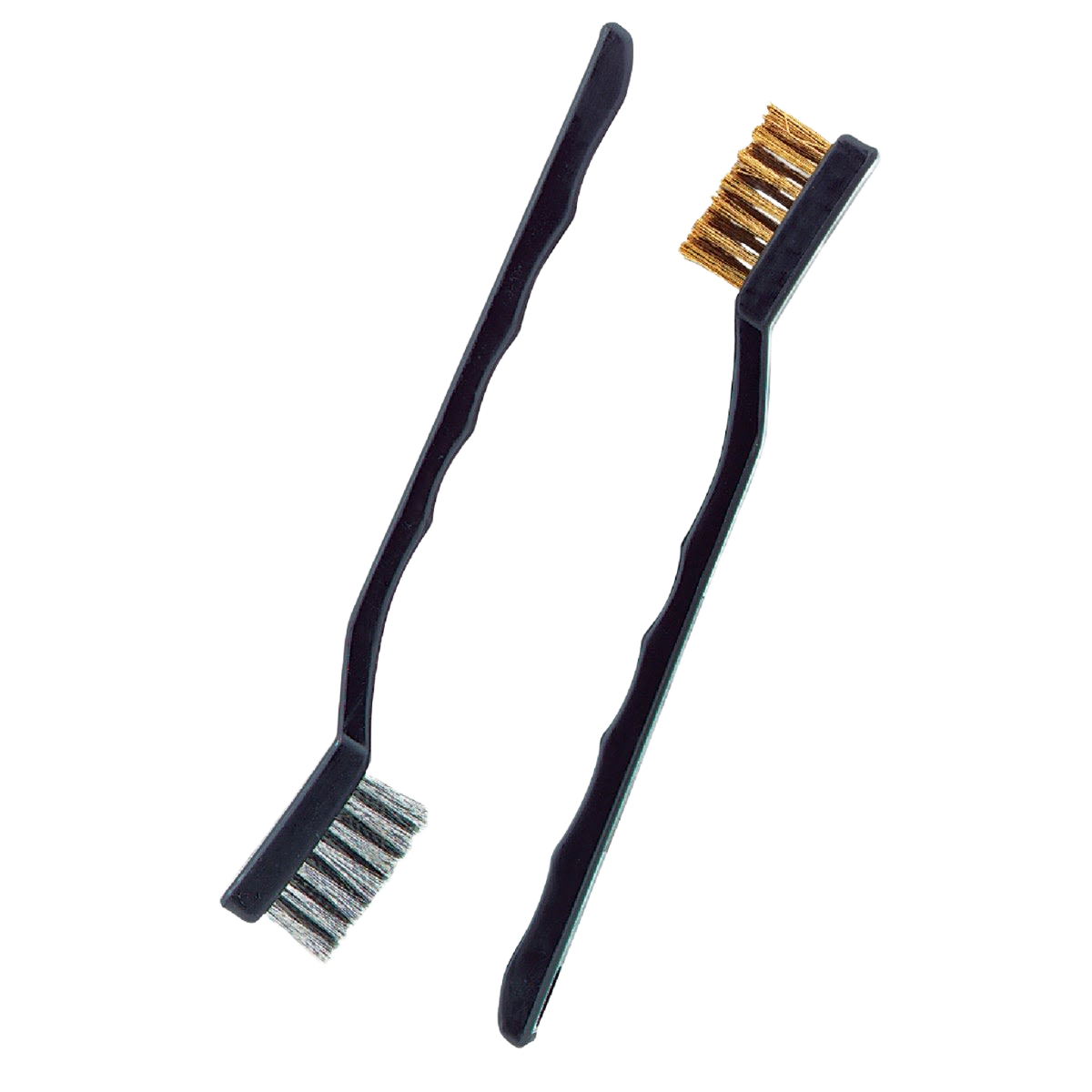 Two utility brushes with black handles and brass and stainless steel bristles for tools and home improvement use