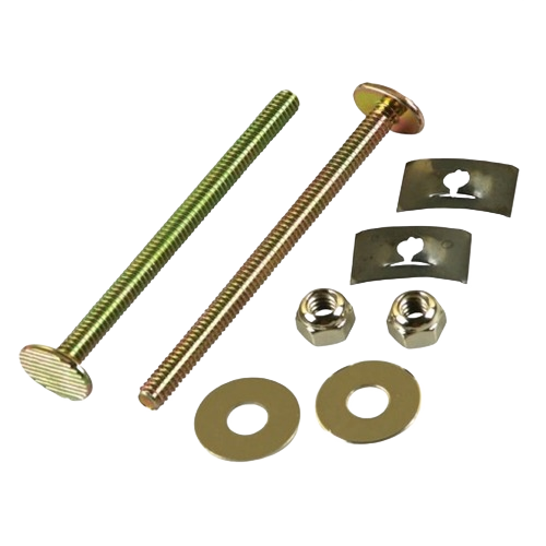 Two brass closet bolts with nuts, washers, and metal clips for use in home improvement projects