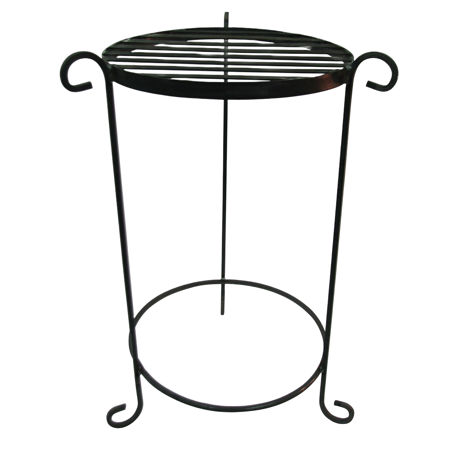 Black metal outdoor side table with round slatted top and decorative curled legs for lawn and garden use