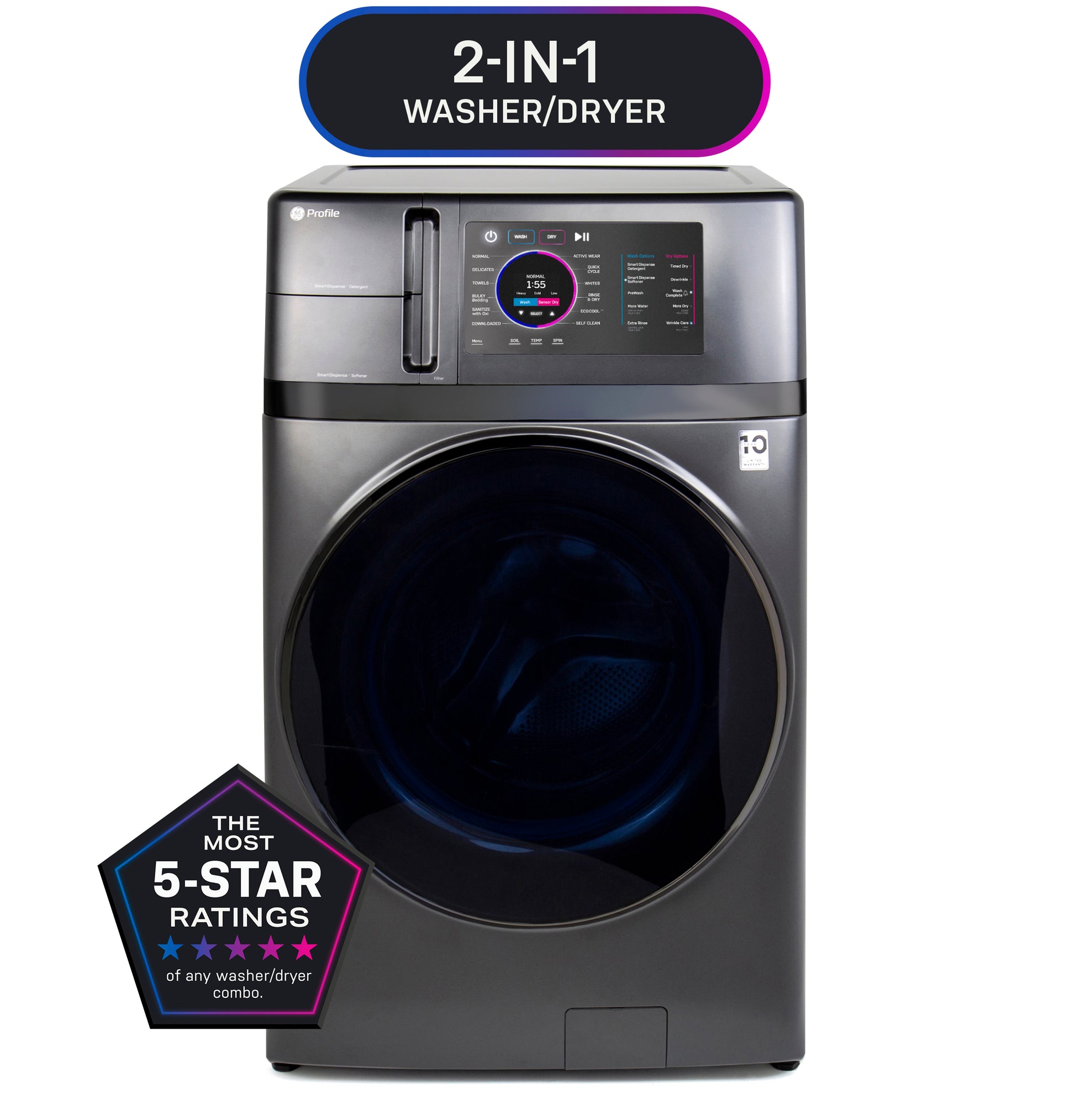 Dark gray 2-in-1 front-load washer and dryer combo with digital touchscreen in appliance laundry centers collection
