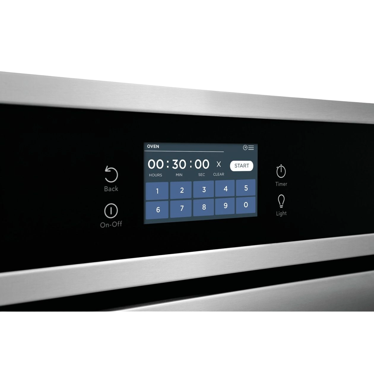 Digital touchscreen control panel showing timer set for 30 minutes on stainless steel electric wall oven from kitchen appliances.