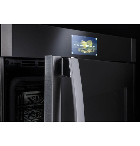 Close-up of stainless steel built-in wall oven door with digital touchscreen control from Kitchen & Kitchenware collection