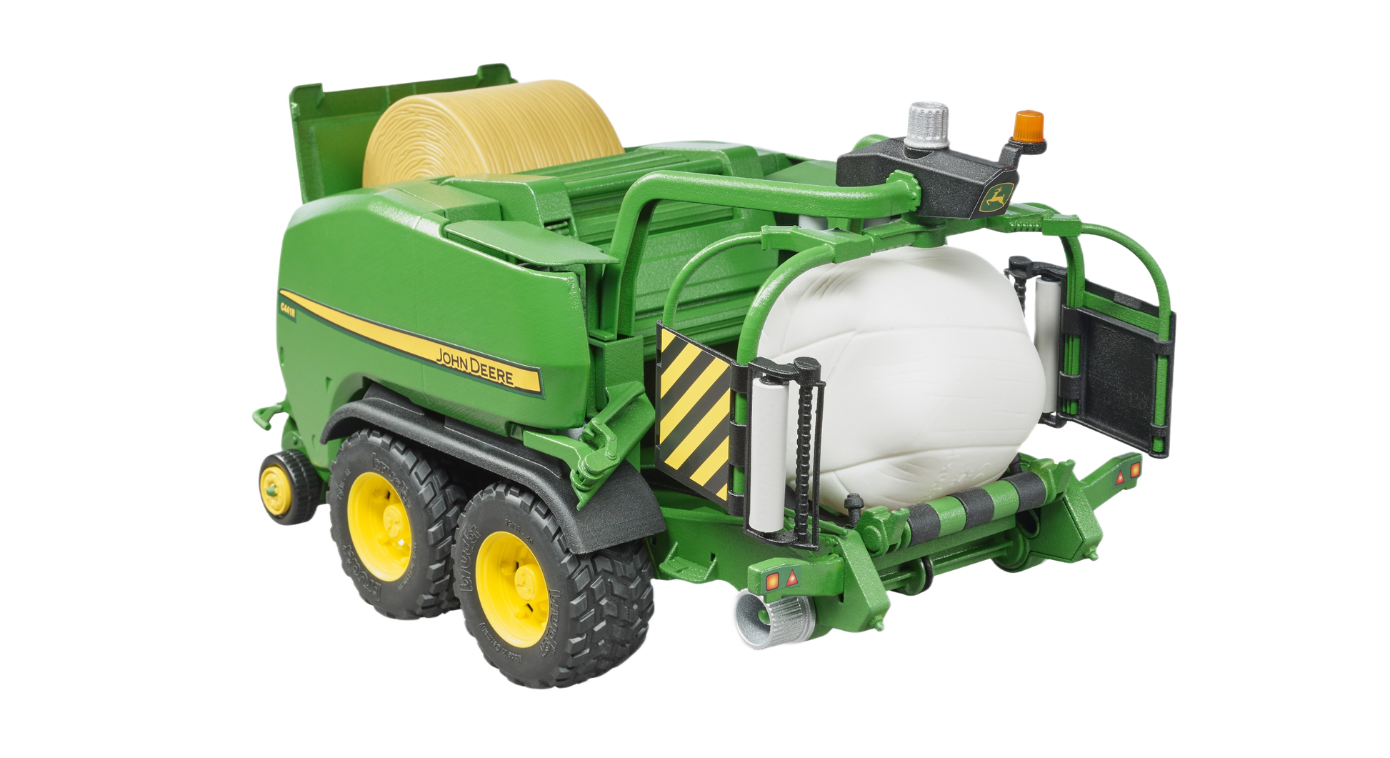 Green Bruder toy wrapping chamber baler with yellow wheels and large white bale from Vehicles & Remote Controlled Toys collection