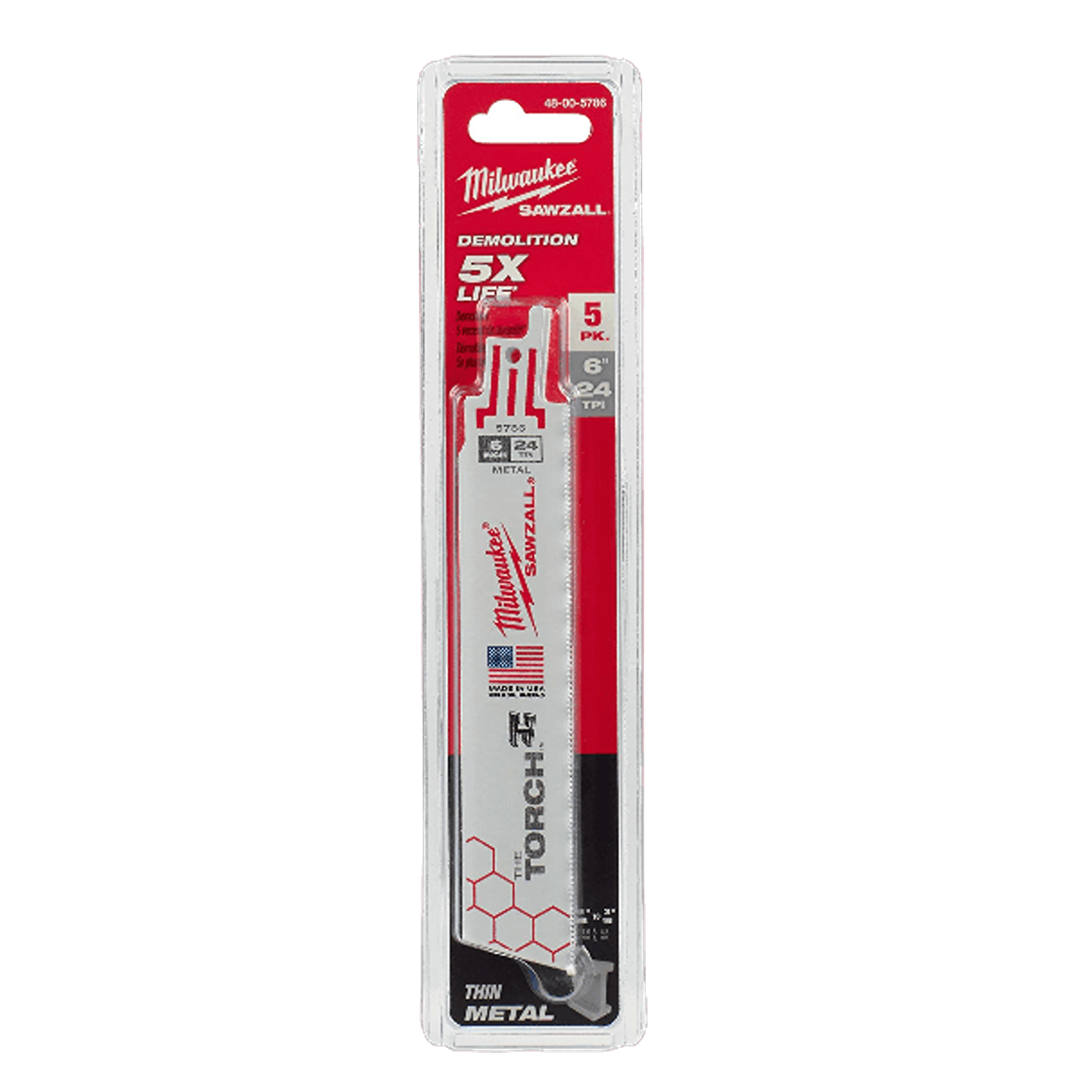 Five-pack of Milwaukee 6-inch 24 TPI SAWZALL metal demolition blades in clear packaging for power tool accessories