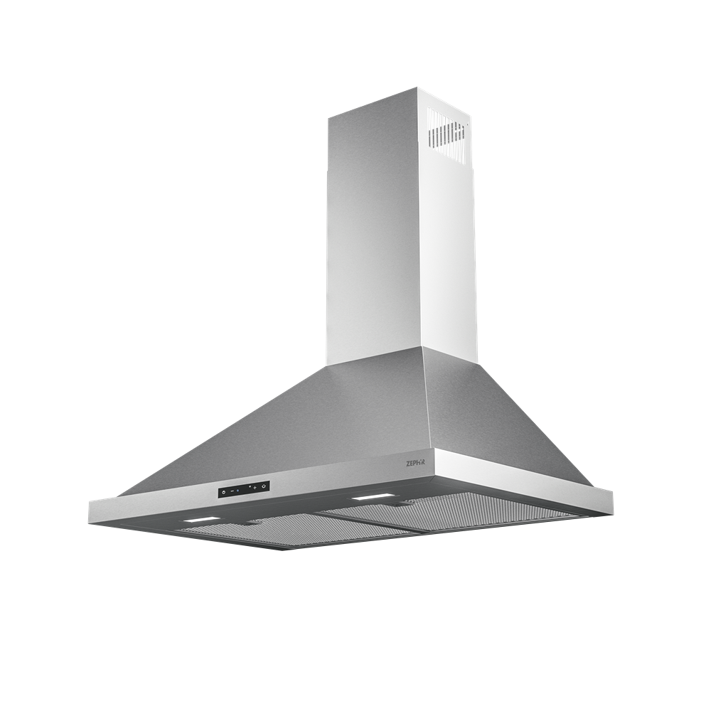 Sleek stainless steel 30-inch chimney hood with LED touch controls and 600-CFM blower from Over the Range Hoods collection
