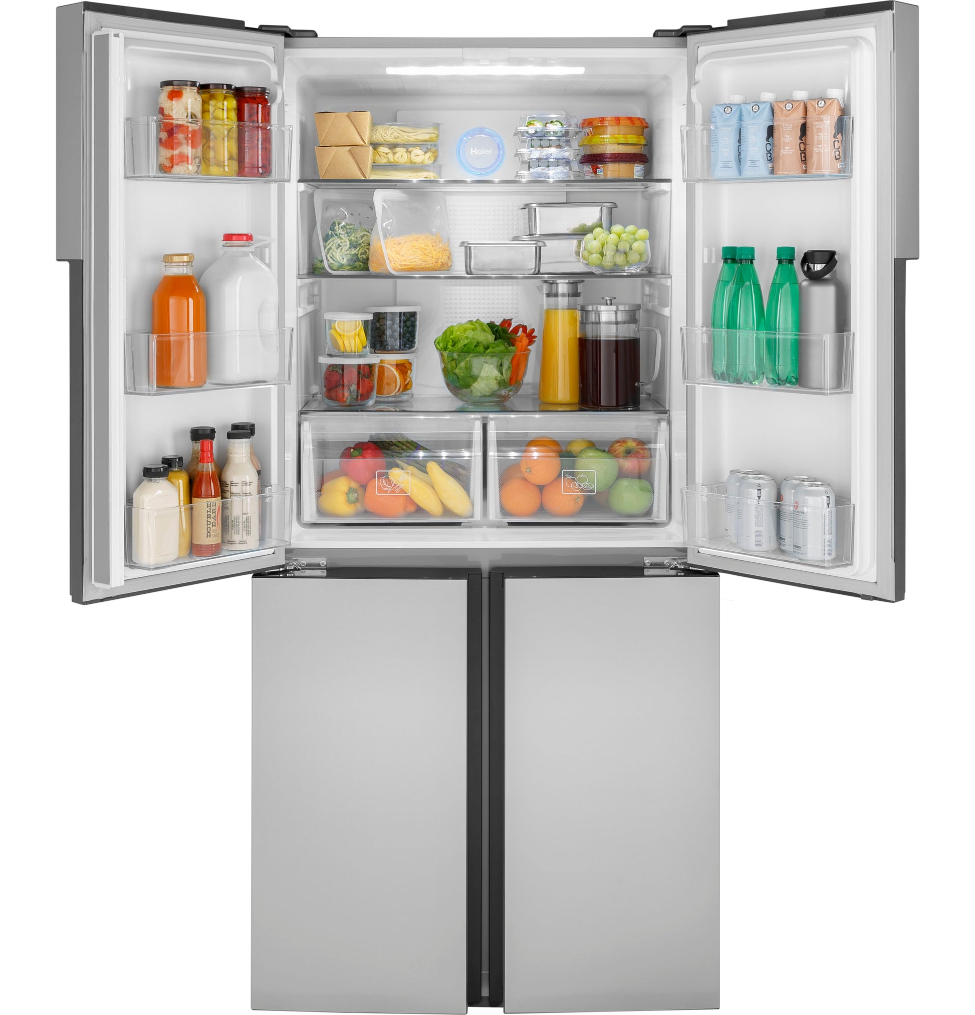 Open stainless steel quad door refrigerator with organized fresh food and beverages in appliances and kitchenware collection