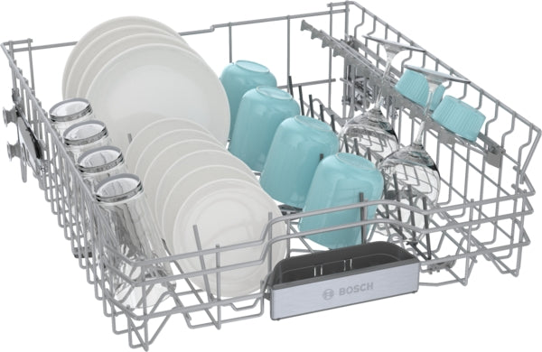Lower rack with plates, glasses, and turquoise cups in Bosch dishwasher at Hartville Hardware kitchen appliances