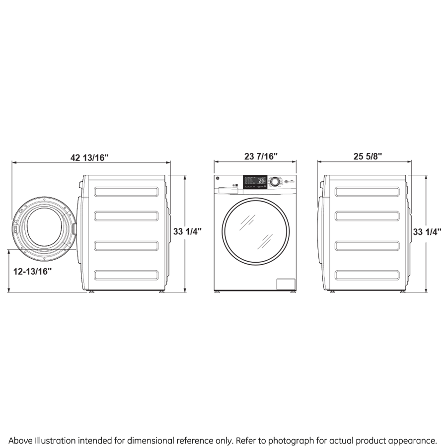 Technical line drawing showing front, side, and top dimensions of a front load washer/dryer combo unit from Washer/Dryer Combos collection