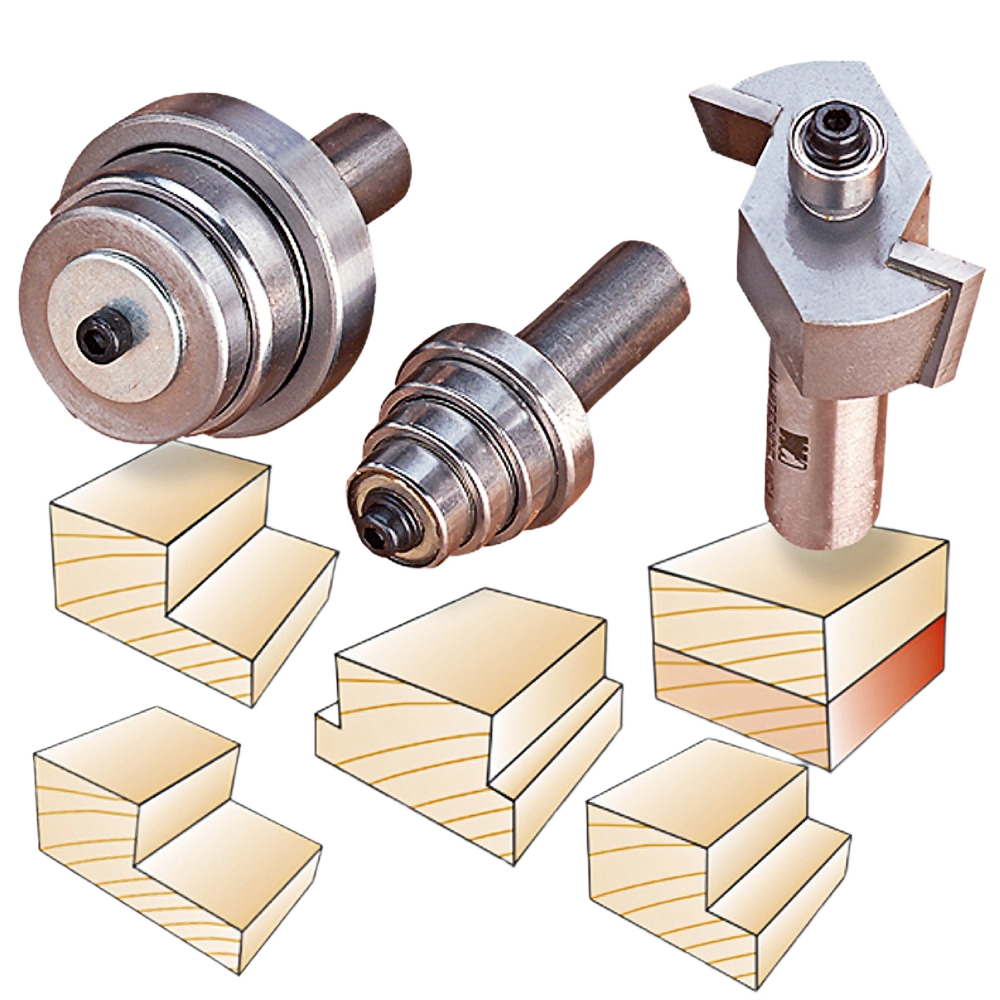 Set of metal rabbeting router bits with bearing guides for woodworking and home improvement projects