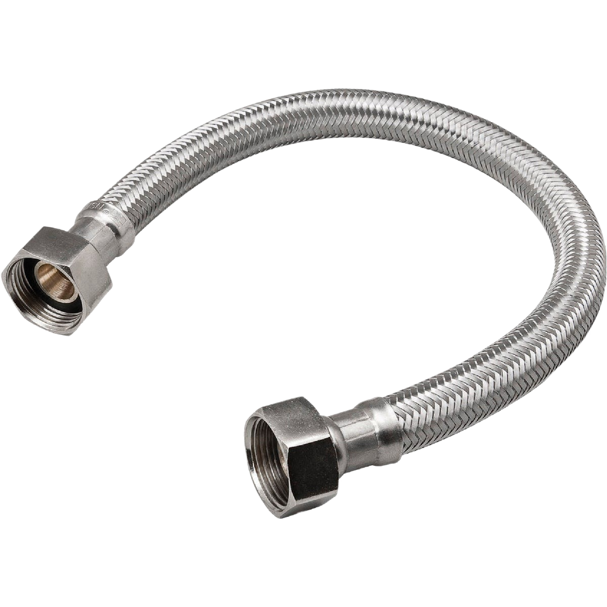 Flexible stainless steel water heater connector with 3/4 inch female fittings for plumbing and faucet repair tasks