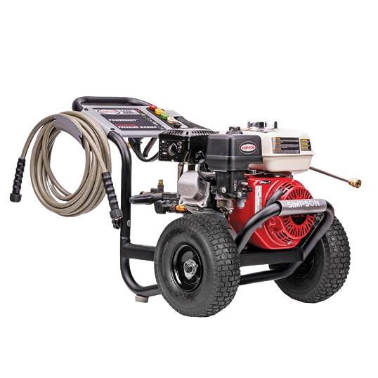 Gas-powered pressure washer with large black wheels, coiled hose, and control panel for home improvement cleaning tasks