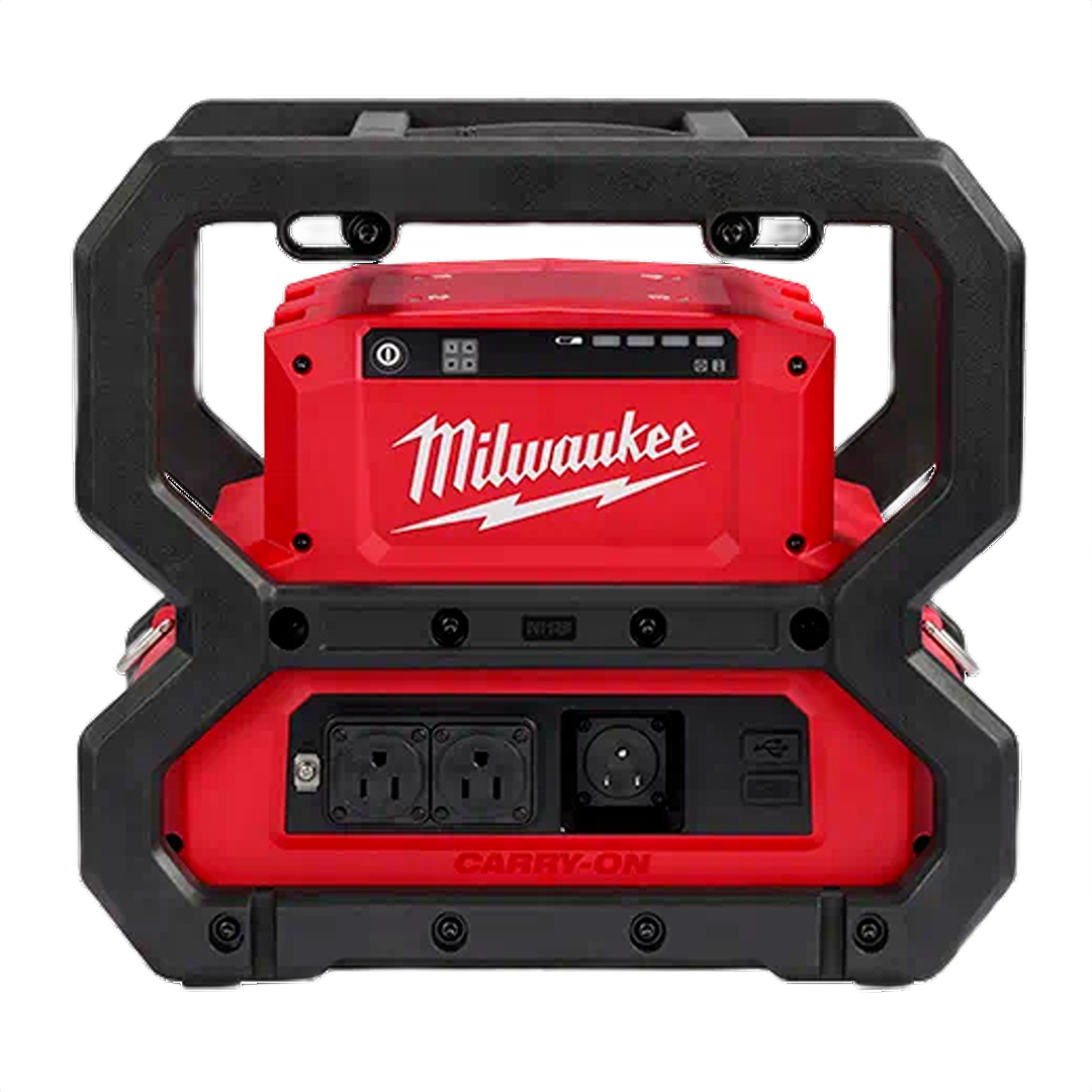 Front view of red and black portable power supply with multiple outlets for tools and home improvement use