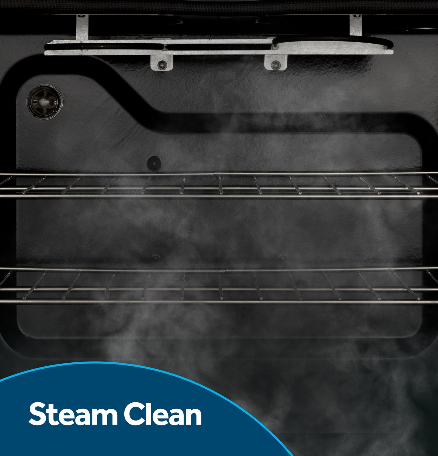 Steam rising inside a clean electric oven cavity with metal racks, illustrating built-in steam cleaning feature
