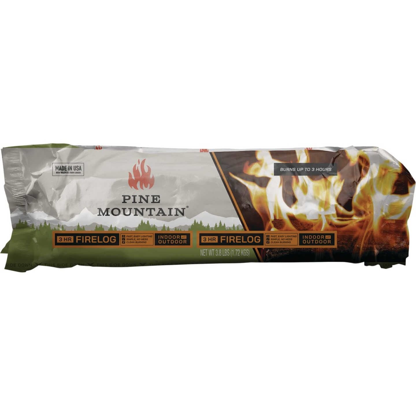 Wrapped Pine Mountain fire log packaging with flame graphic, labeled for indoor and outdoor use under $50 collection