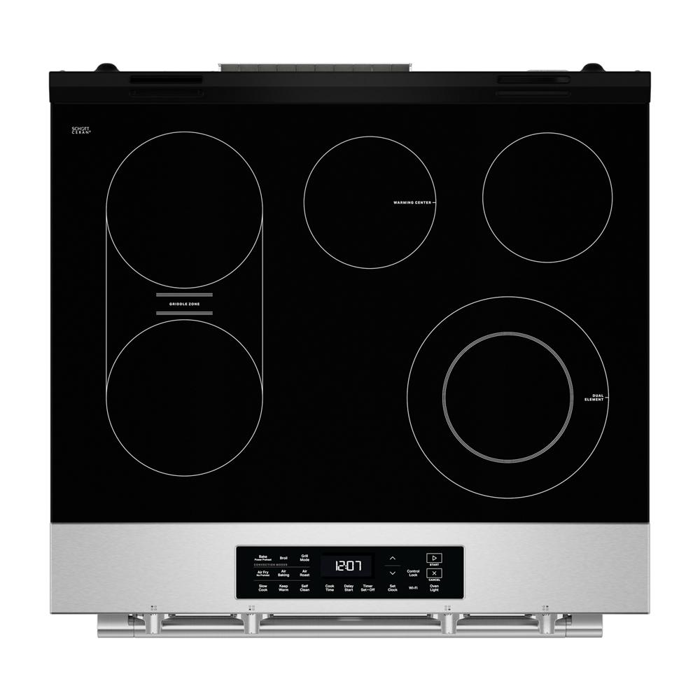 Black glass electric cooktop with four radiant cooking zones and digital control panel on stainless steel base