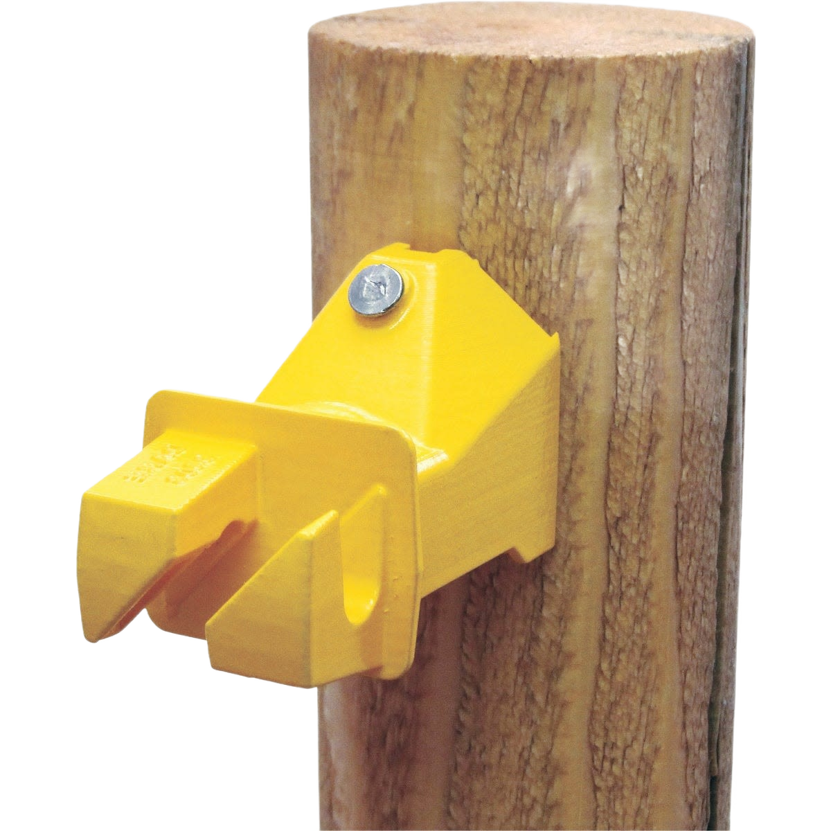 Yellow polyethylene fence insulator mounted on wooden post for electric fencing in home improvement projects