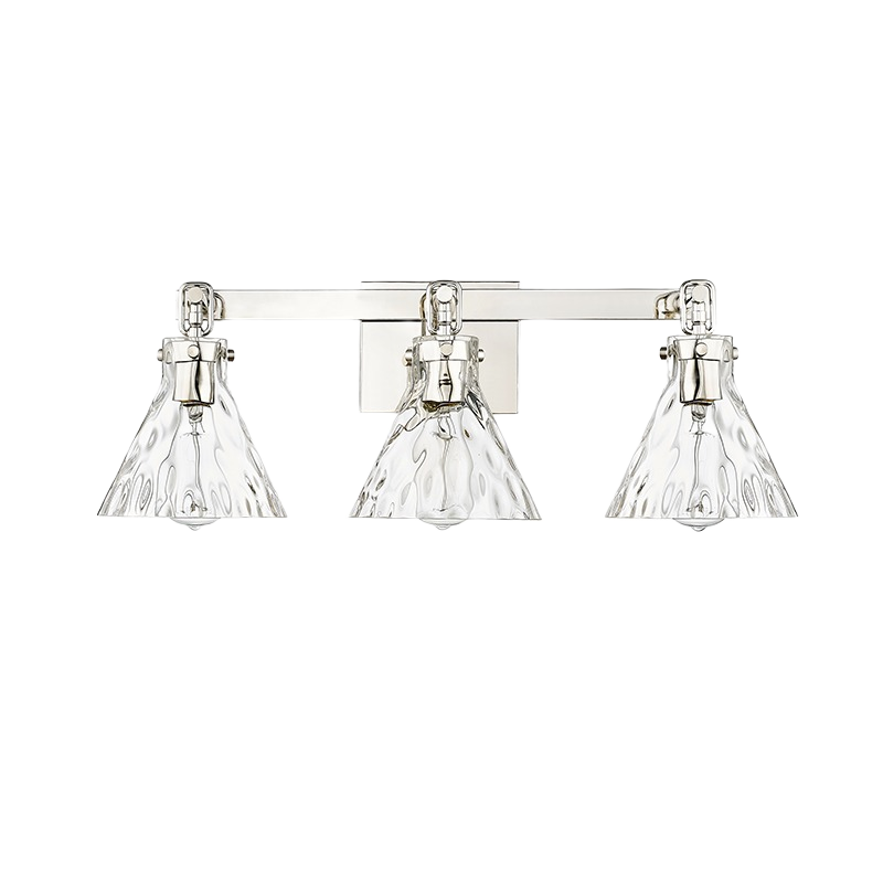 Three-light polished nickel vanity fixture with clear water glass shades for bathroom and wall lighting collections
