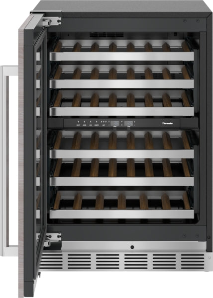 Under counter wine cooler with glass door, wooden shelves, and digital controls in kitchen and appliances collections