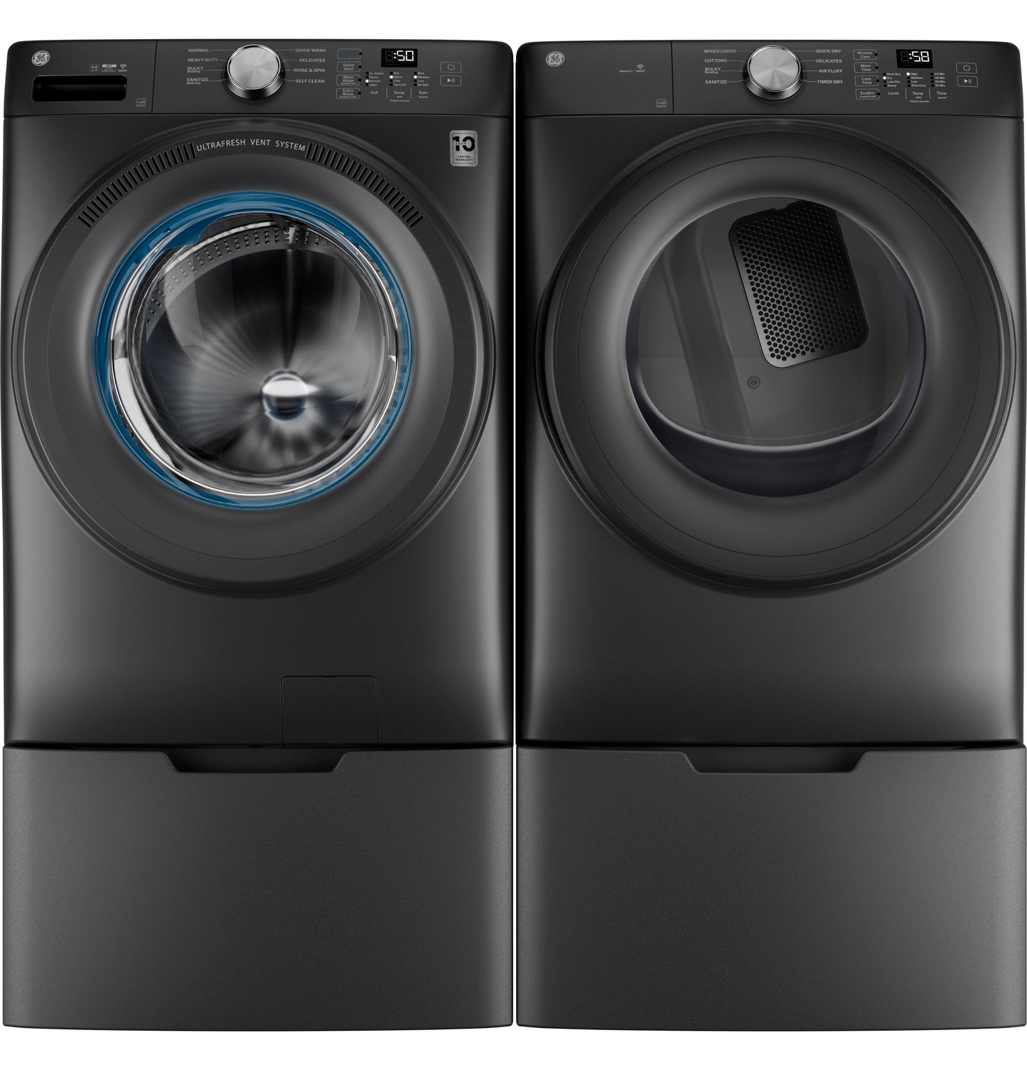 Matte black front load washer and matching dryer with digital controls from washers and dryers collection