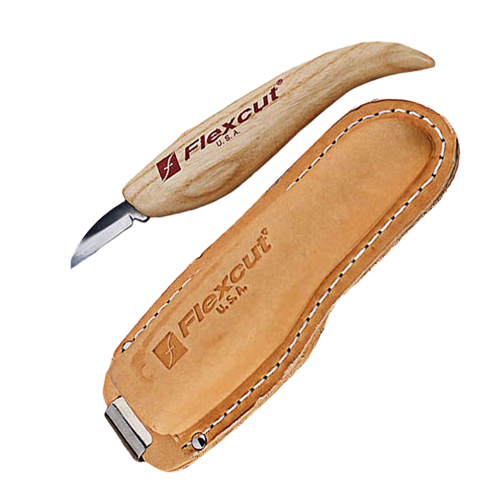 Wood handle Flexcut Hip Knife with double-beveled blade and leather sheath for carving in woodworking tools collection