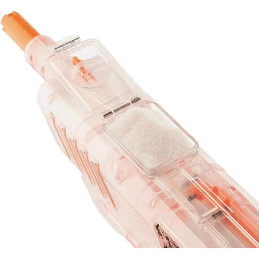 Clear plastic bug salt shooter with orange accents for insect and pest control in lawn and garden tools collection