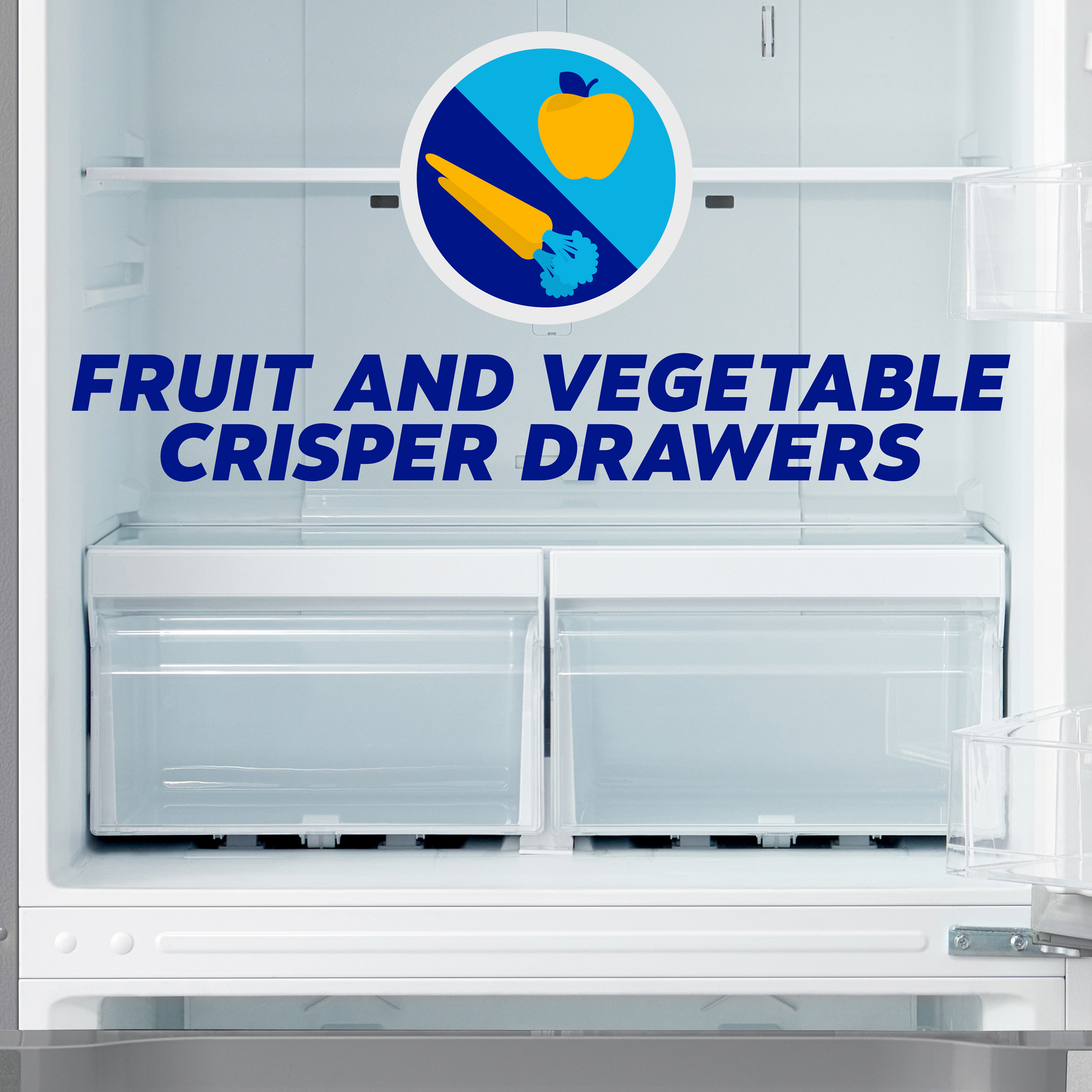 Interior view of bottom freezer refrigerator featuring clear fruit and vegetable crisper drawers for kitchen appliances collections