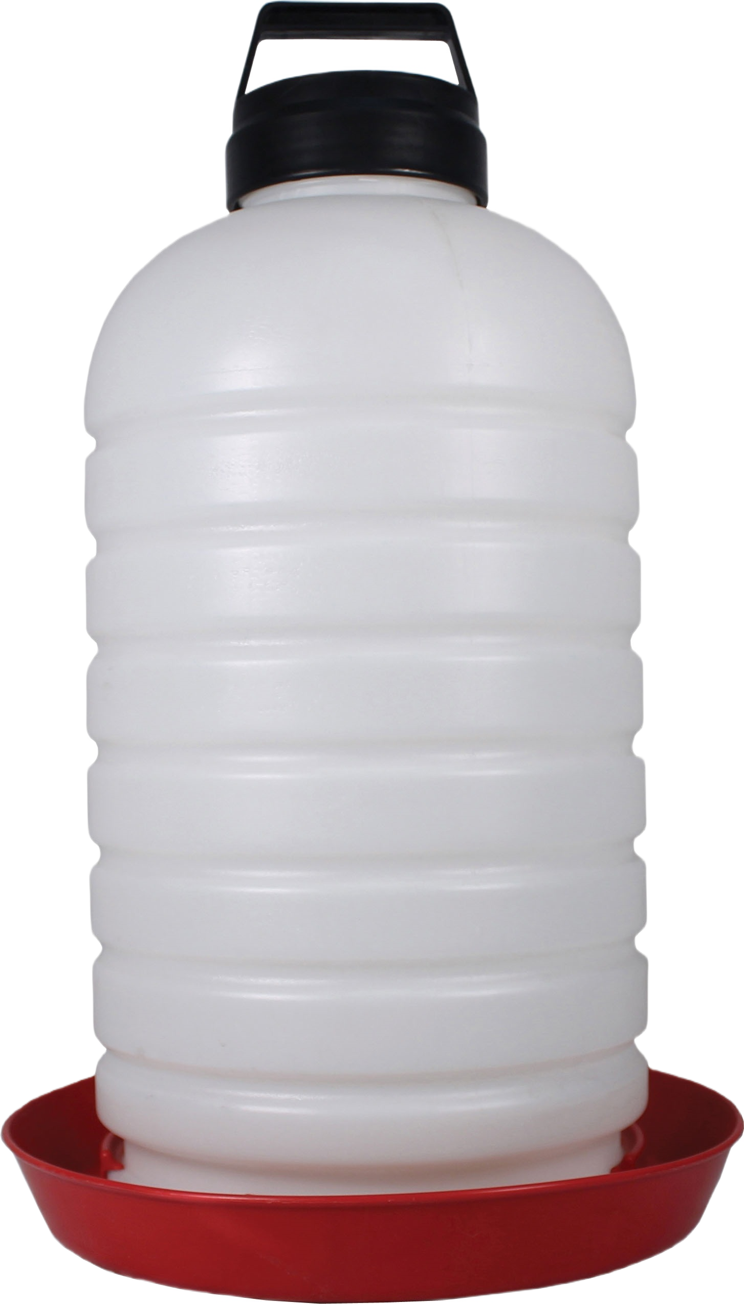 White plastic poultry waterer with black handle top and red base tray designed for farm animal hydration
