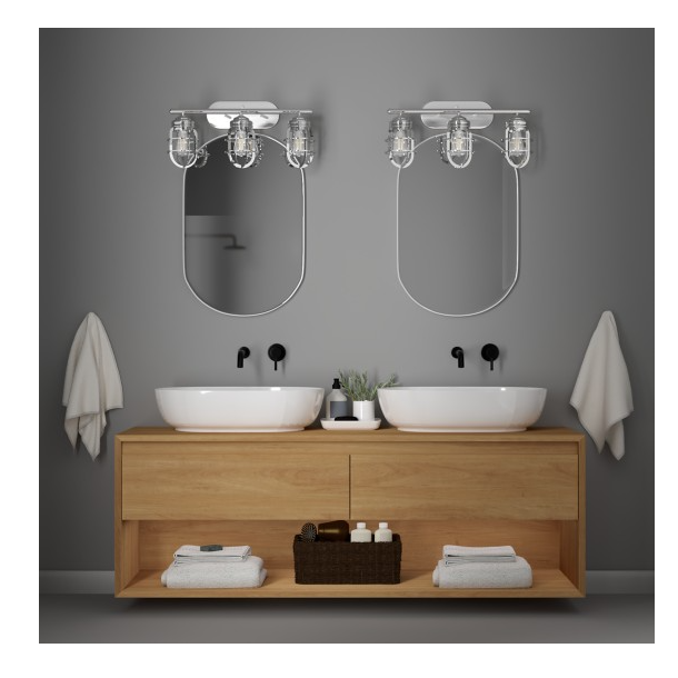 Chrome three-light vanity fixture with caged glass shades over double bathroom sinks in modern rustic setting
