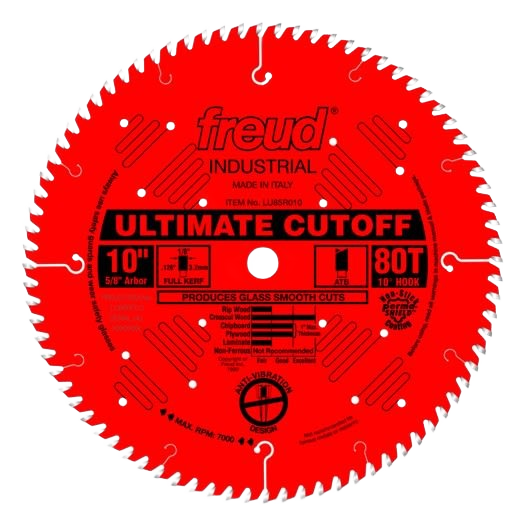 Red 10-inch industrial circular cut-off blade with 80 teeth for tools and home improvement use