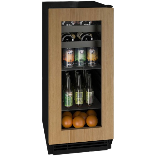 Compact beverage center with wooden frame door, glass panel, adjustable shelves, and drink and fruit storage from kitchen appliances collection
