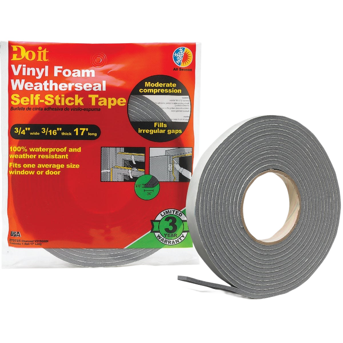 Charcoal vinyl foam weatherstrip tape roll for home improvement, sealing gaps around doors and windows in hardware projects