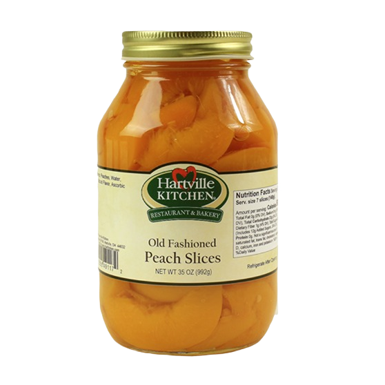 Glass jar of preserved peach slices with a gold lid for jams and jellies and Hartville Kitchen collections