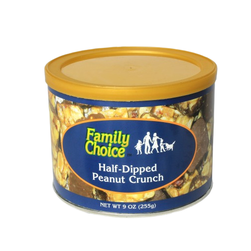 Round tin of Family Choice half-dipped peanut crunch squares for Chocolates & Candies under $50 collection