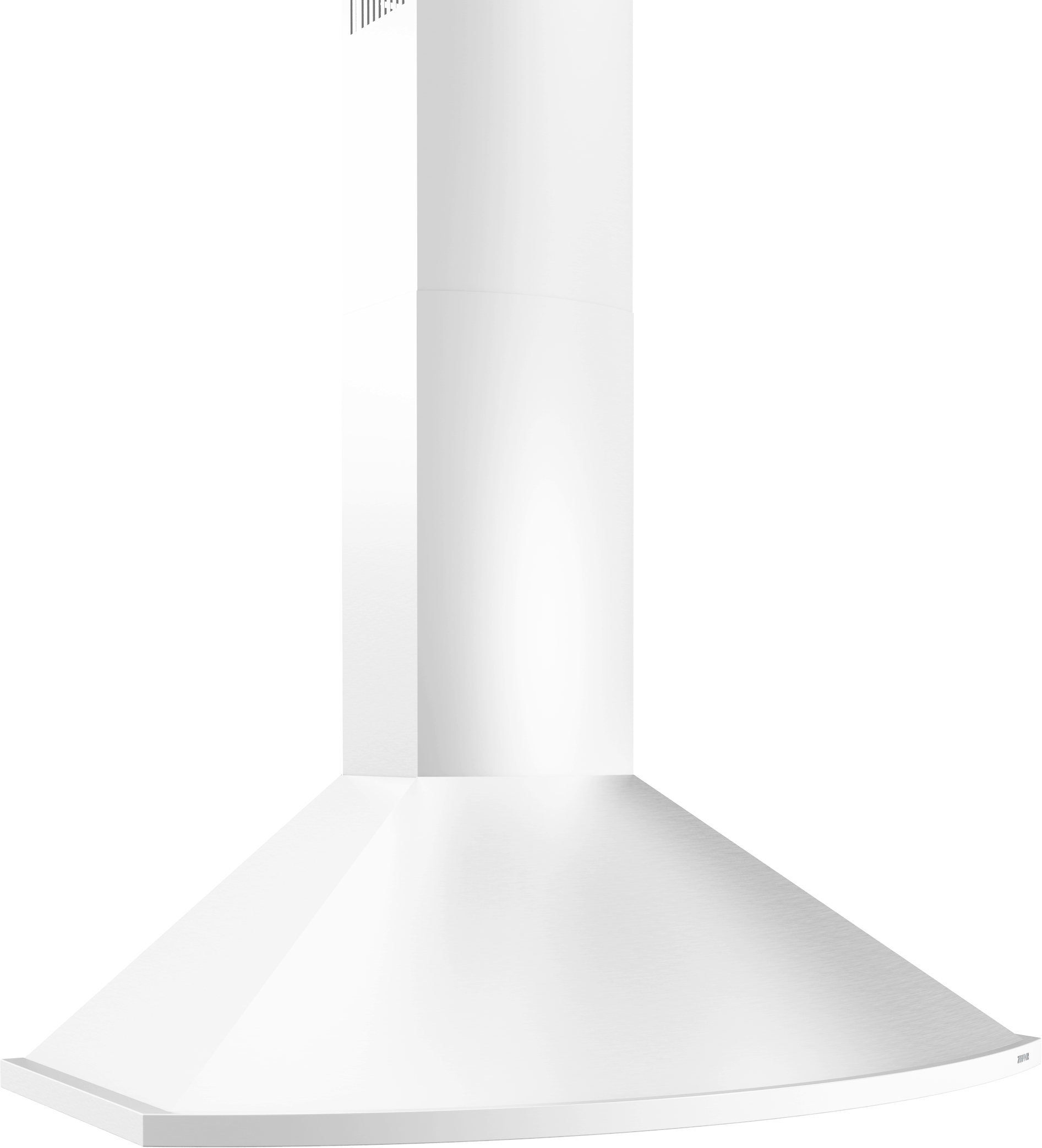 white semi-circular chimney hood with LED lighting for over the range kitchen appliances and home improvement tools