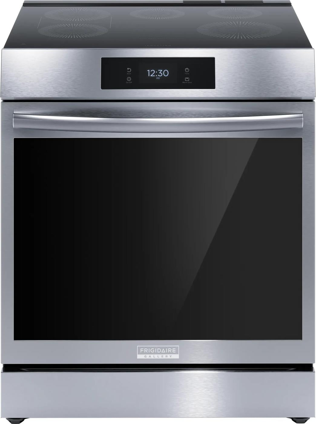 Stainless steel front control induction range with digital clock and smooth cooktop for kitchen appliances and home improvement