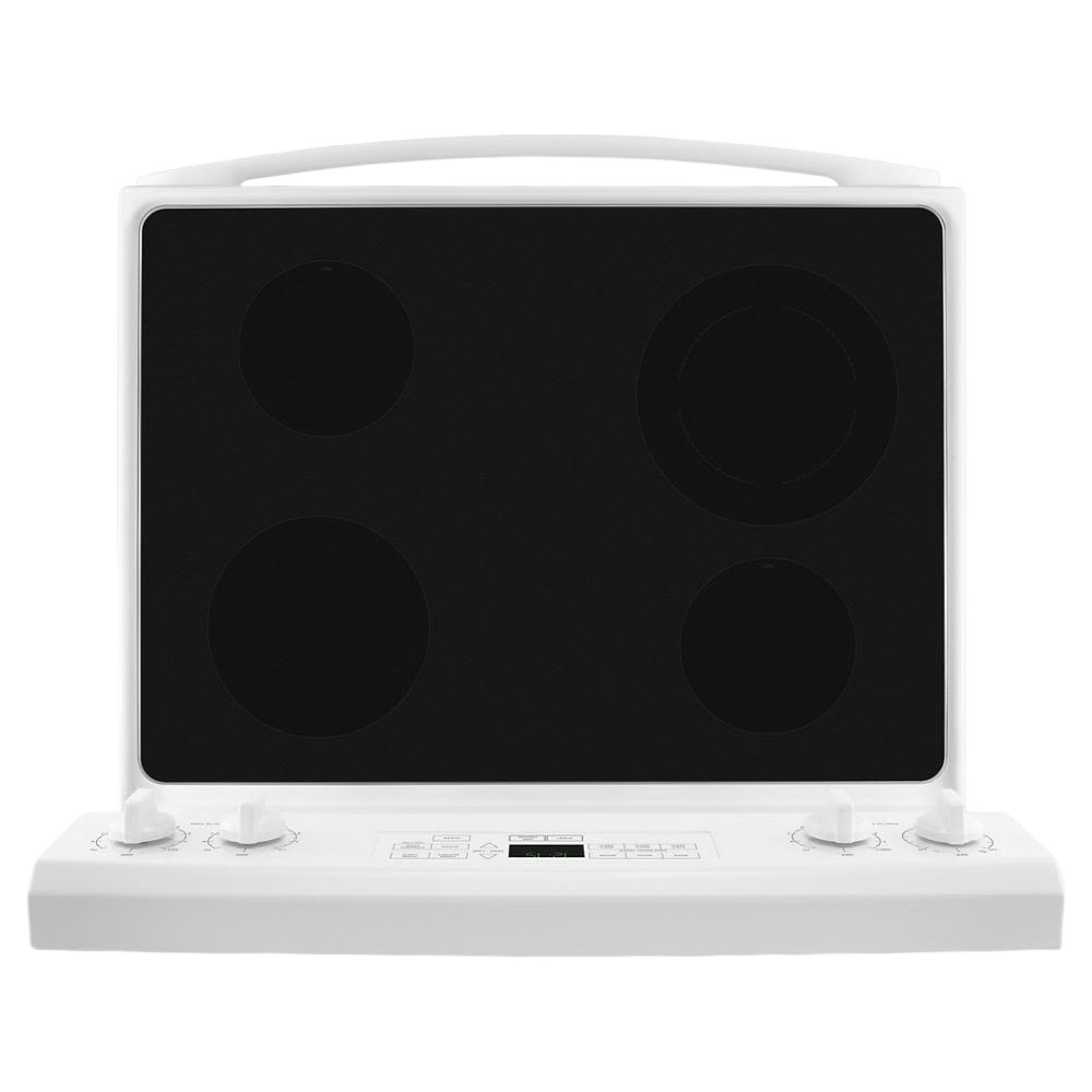 white electric cooktop with four burners, front control knobs, and digital display in kitchen appliances collection