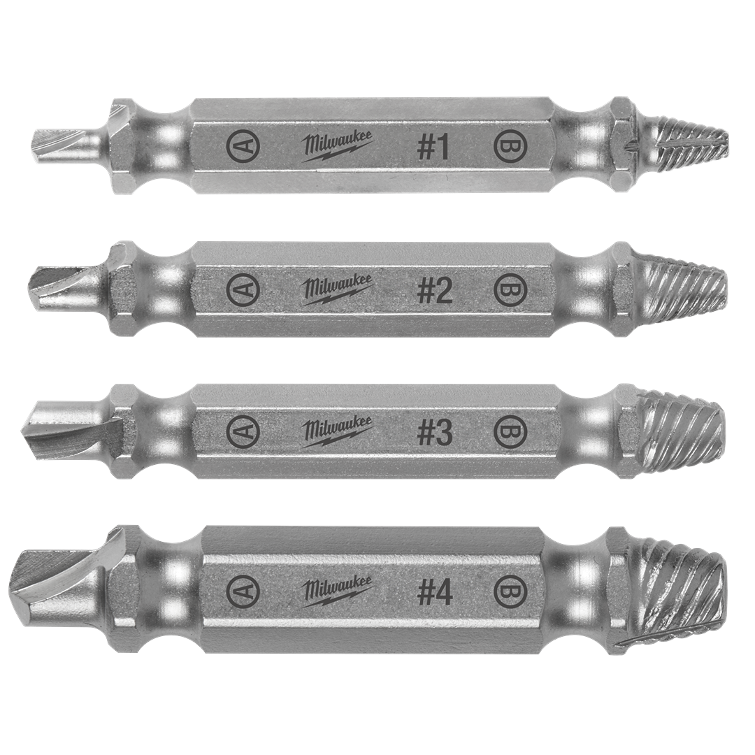 Four silver steel screw extractors with numbered sizes for tools and home improvement repairs
